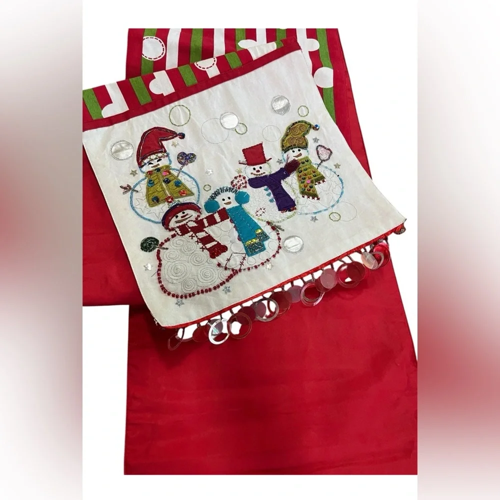 Pier 1 Imports Snowman Whimsy Christmas Table Runner Beaded Embellished 14X108